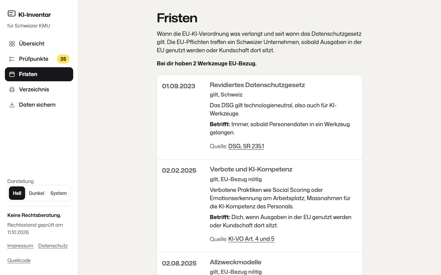 Fristen: revidiertes Datenschutzgesetz seit 1. September 2023 sowie Verbote und KI-Kompetenz seit 2. Februar 2025, je mit «Betrifft» und Quelle