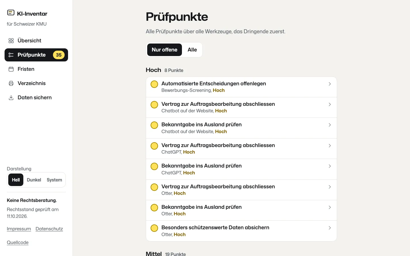 Prüfpunkte über alle Werkzeuge, das Dringende zuerst: acht mit hoher Dringlichkeit wie «Automatisierte Entscheidungen offenlegen» und «Vertrag zur Auftragsbearbeitung abschliessen», je mit ihrem Werkzeug