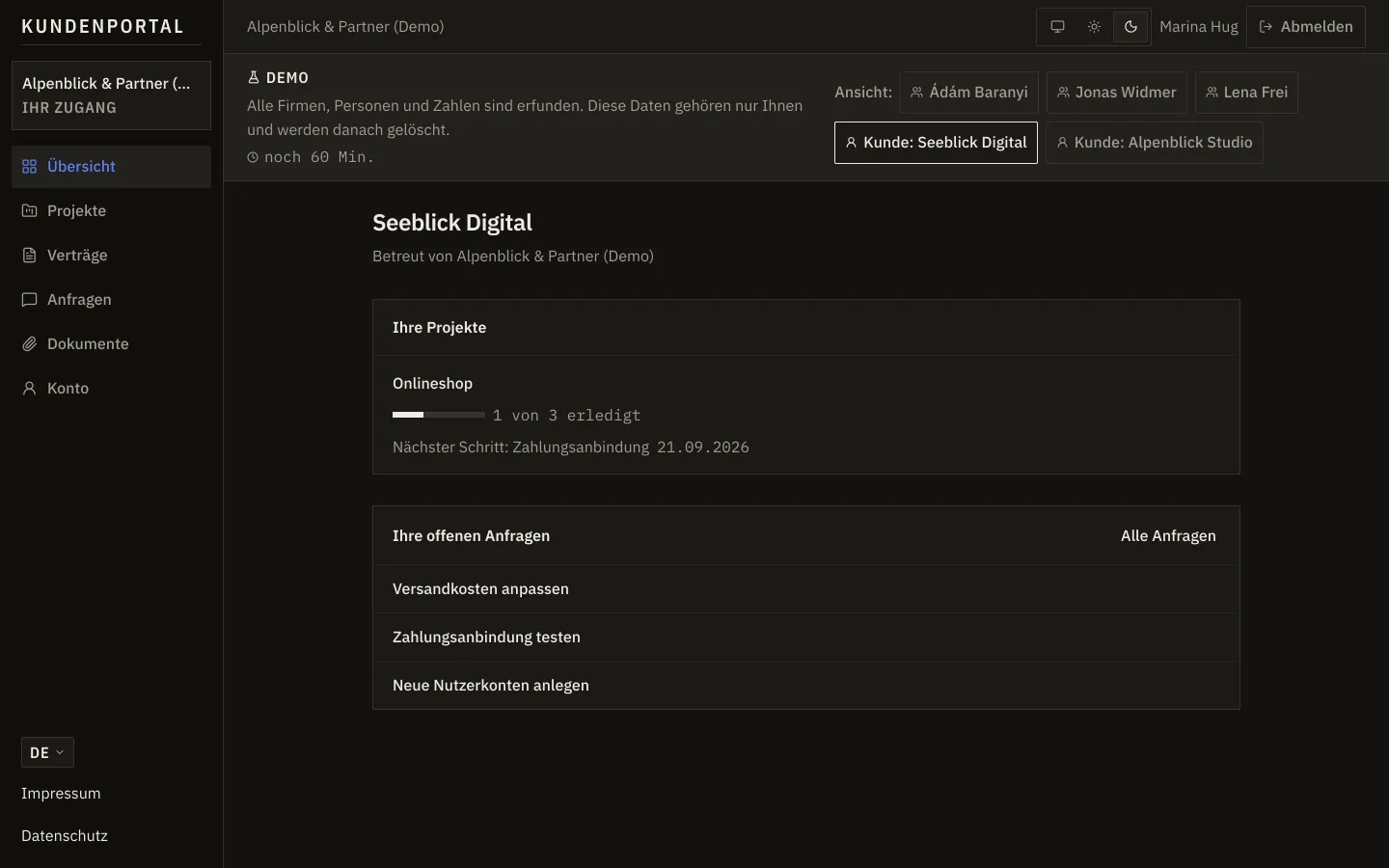 Kundenportal von Seeblick Digital mit eigenen Projekten und offenen Anfragen