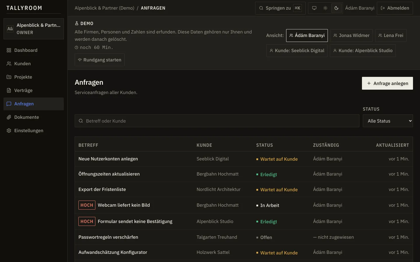 Liste der Serviceanfragen mit Status, Priorität und Zuständigkeit