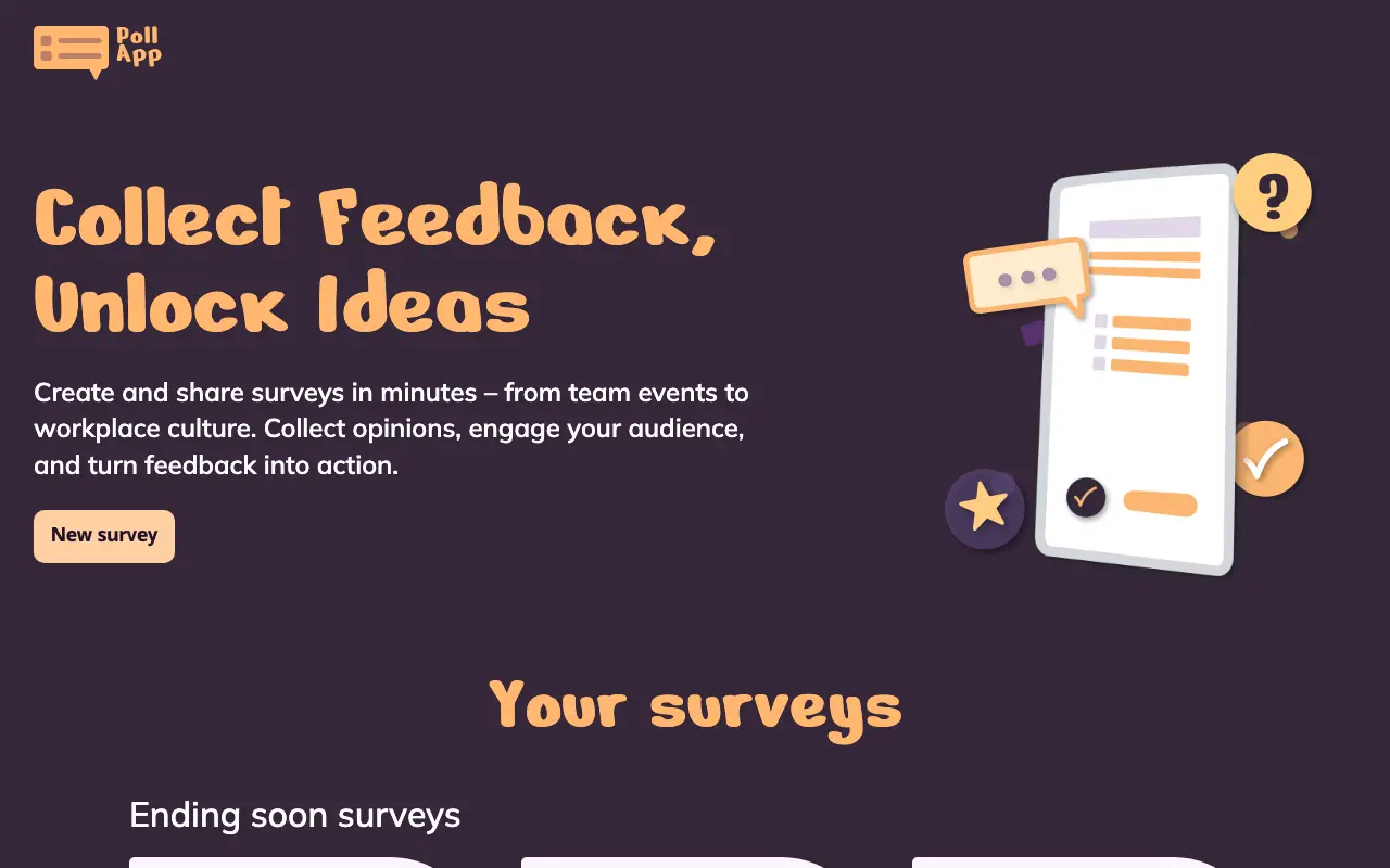 Startseite der Poll App mit dem Titel «Collect Feedback, Unlock Ideas» und einer Illustration